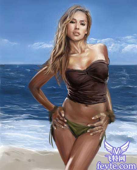 PS手绘教程:PS鼠绘海边性感比基尼模特