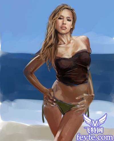 PS手绘教程:PS鼠绘海边性感比基尼模特
