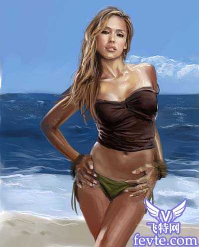 PS手绘教程:PS鼠绘海边性感比基尼模特